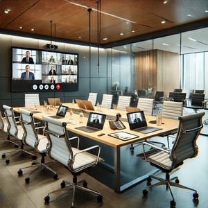 DALL·E 2025-02-24 13.22.11 - A modern meeting room with a large conference table, multiple office chairs, and a large screen displaying a video call. The room has glass walls, a s
